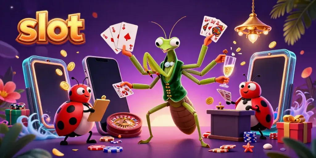 Menggali peluang slot dengan karakter kartu raksasa, pengawas ladybug, dan elemen mesin slot yang menarik.