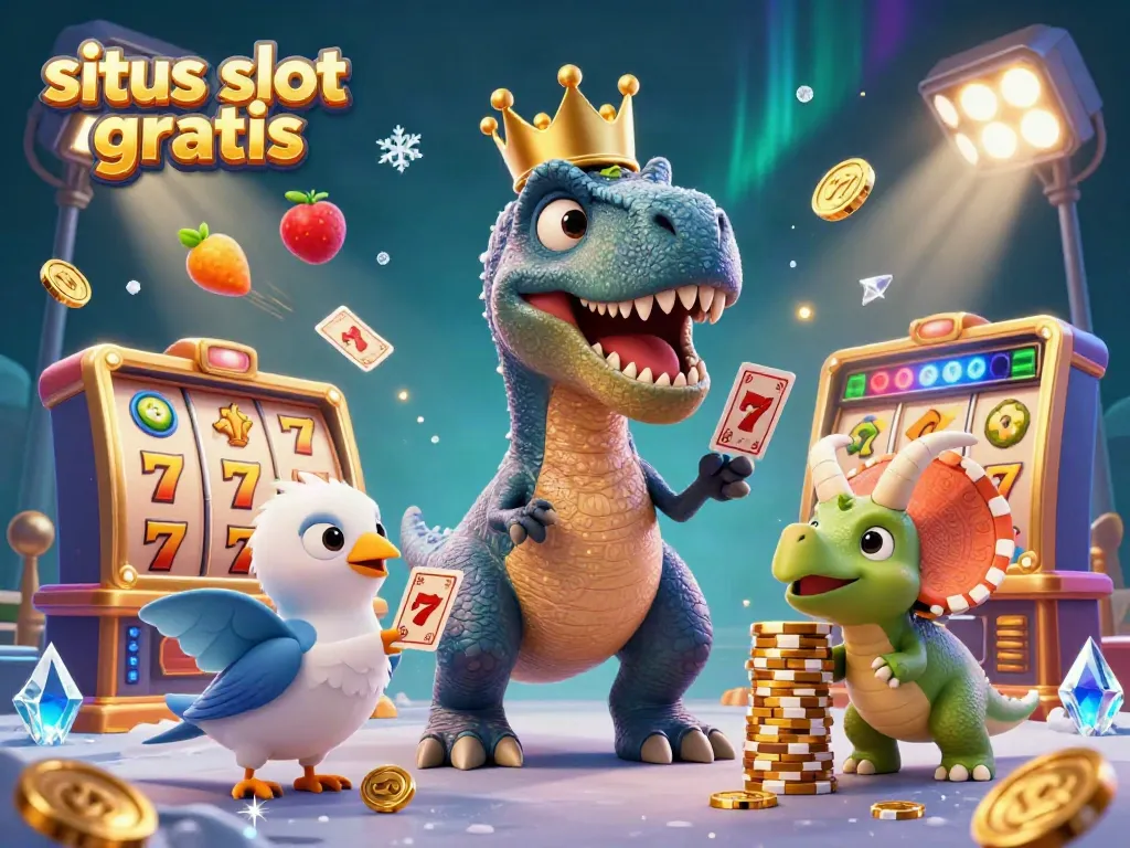 Engage with situs slot gratis as a friendly T-Rex, card-shuffling dinosaur, and triceratops stack chips in a dynamic slot-themed scene.