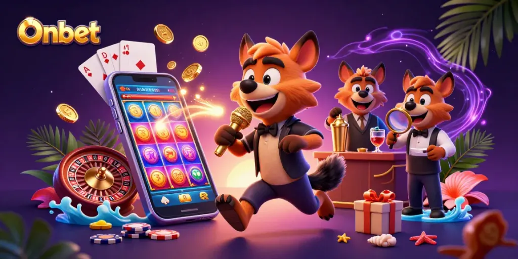 Engage in Onbet's comedy casino scene with hyenas, slot games, and vibrant casino action.