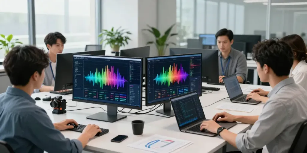 Engineer analyzing GPU computing performance in a modern tech workspace.