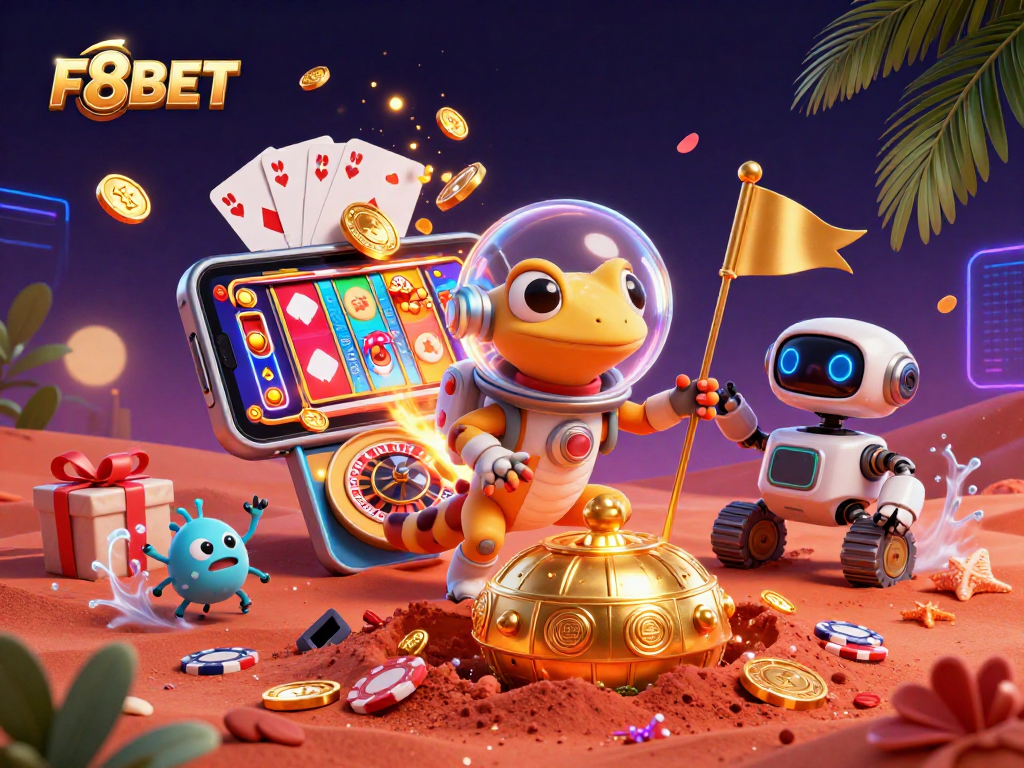 Experience F8BET's thrilling games with vibrant 3D cartoon Martian characters in an interactive casino scene.