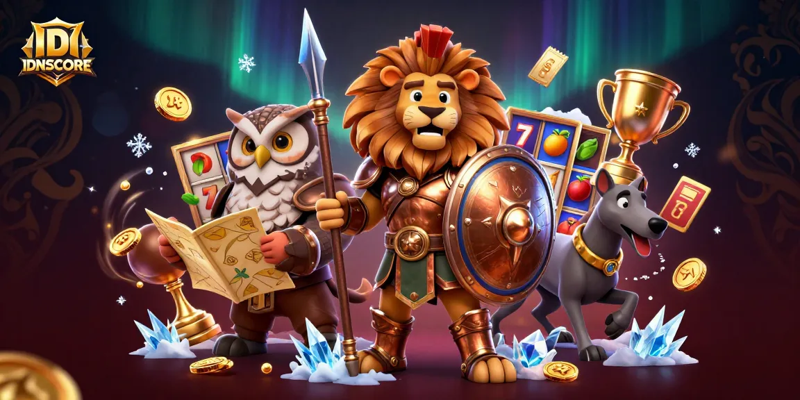 IDNSCORE offers a vibrant and engaging casino scene with a Spartan lion, wise owl, and swift greyhound illustrating the thrill of jackpot slots.