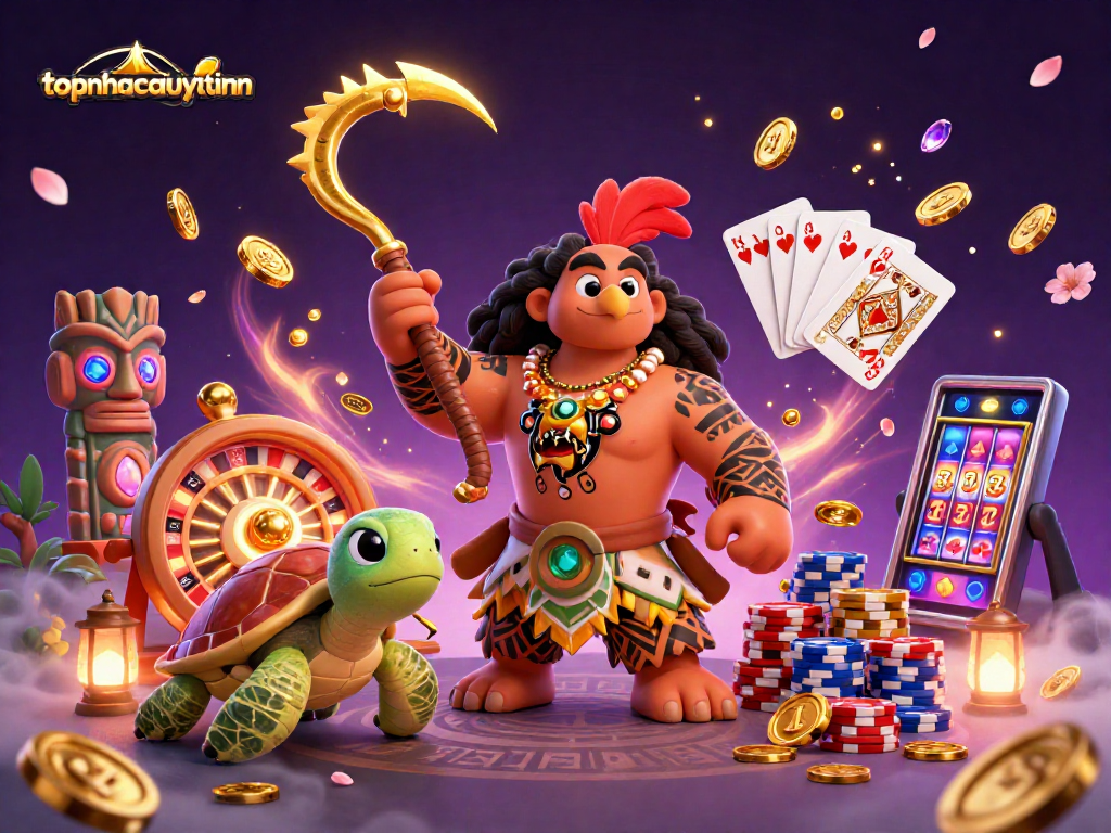 Engage with topnhacaiuytinn's vibrant online casino scene featuring a Maui hawk and Moana turtle with exciting game elements.
