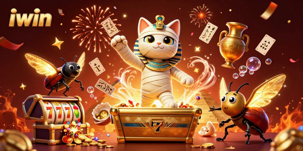 Experience iwin's thrilling atmosphere with the Egyptian mummy cat and golden treasures in a dynamic casino scene.
