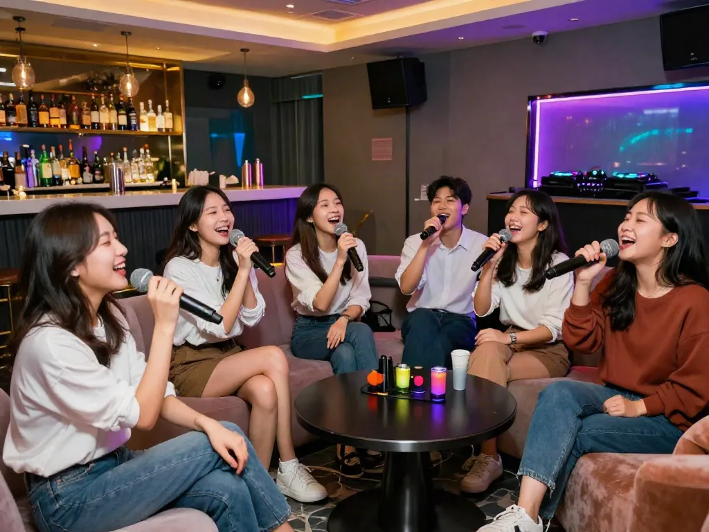 강남 달토에서 친구들과 함께 노래 부르는 모습, 활기찬 분위기
