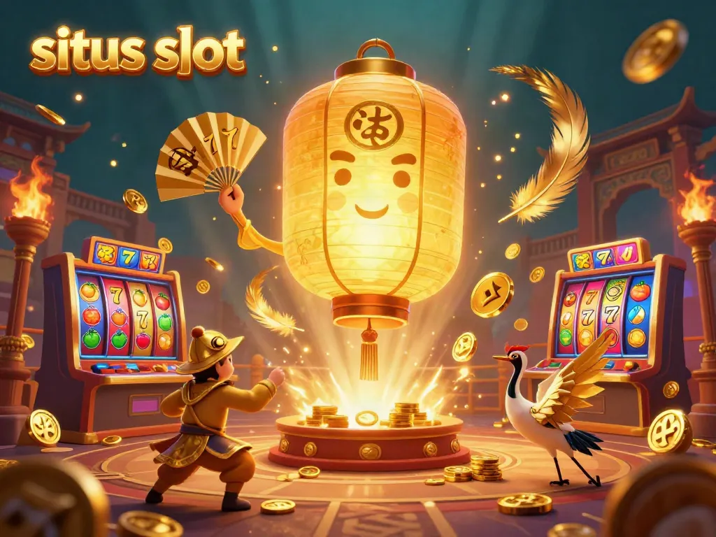 Situs slot dengan ilustrasi menarik yang menampilkan karakter lampion emas dan simbol keberuntungan lainnya.