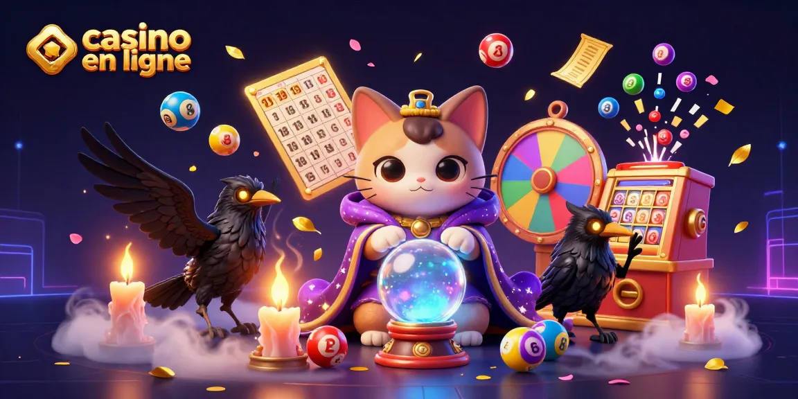 Visitez casino en ligne avec un chat mystique et un corbeau tarologue au milieu d'effets de loterie colorés.