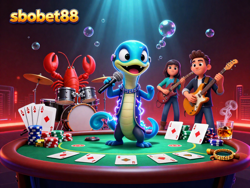 SBOBET88 showcasing vibrant underwater casino action with DJ electric eel and backup band