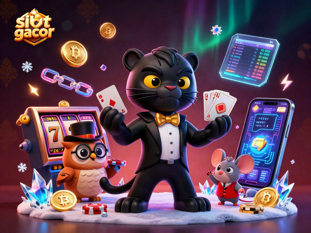 Discover exciting games at situs slot gacor with a lively scene featuring a tuxedoed panther and slot elements.