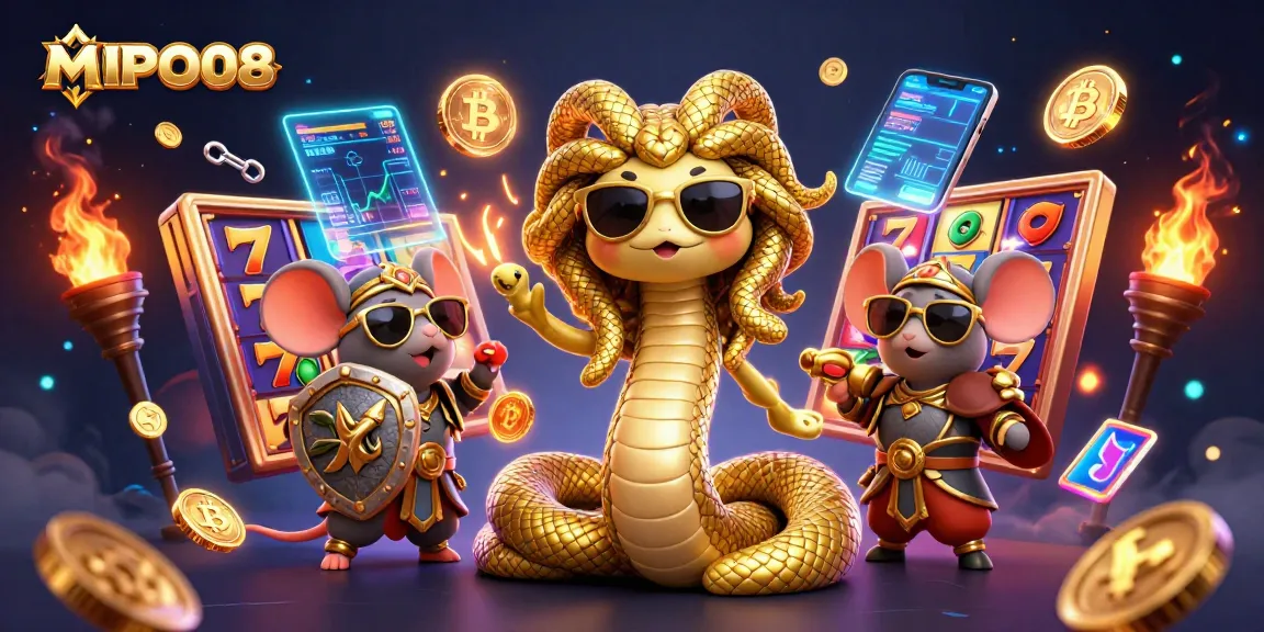 MPO08 showcases cute Medusa and warrior mouse enjoying dynamic slot game elements with vibrant crypto coins.