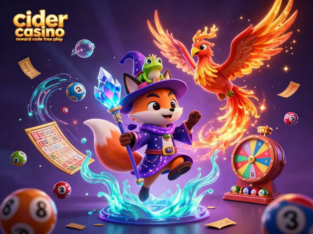 Cider casino reward code free play illustration featuring a wizard fox, phoenix, and a frog with vibrant casino elements.