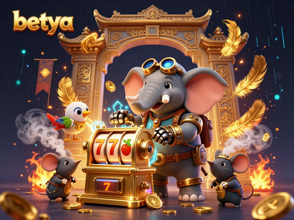 Spin the golden slot machine with betya while enjoying a vibrant steampunk-themed casino experience.