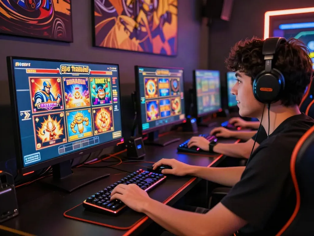 Exciting online gaming scene with player engaging in slot thailand games at a vibrant gaming station, complete with dynamic LED lighting.