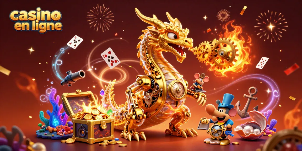 Profitez des jeux de casino en ligne avec un dragon d'or mécanique et des trésors marins.