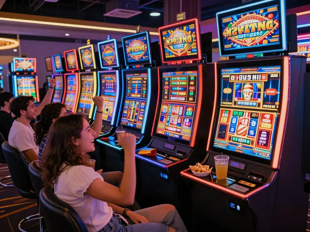 Friends enjoying the excitement of slot777 games in a colorful casino.