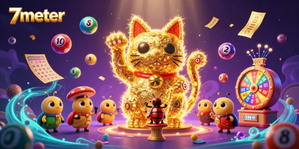 Experience thrilling wins at 7meter with dynamic casino symbols and colorful lottery elements.