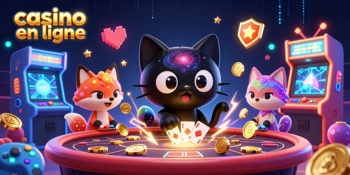 Jouez dans un casino en ligne avec un chat noir trou noir attractif et un renard nébuleux, entourés de jeux d'arcade colorés.