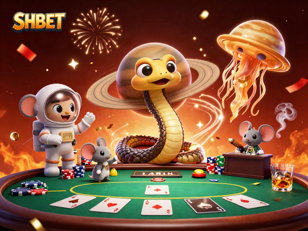 Engage with SHBET's vibrant 3D casino scene featuring betting astronaut mice and a cosmic dealer.