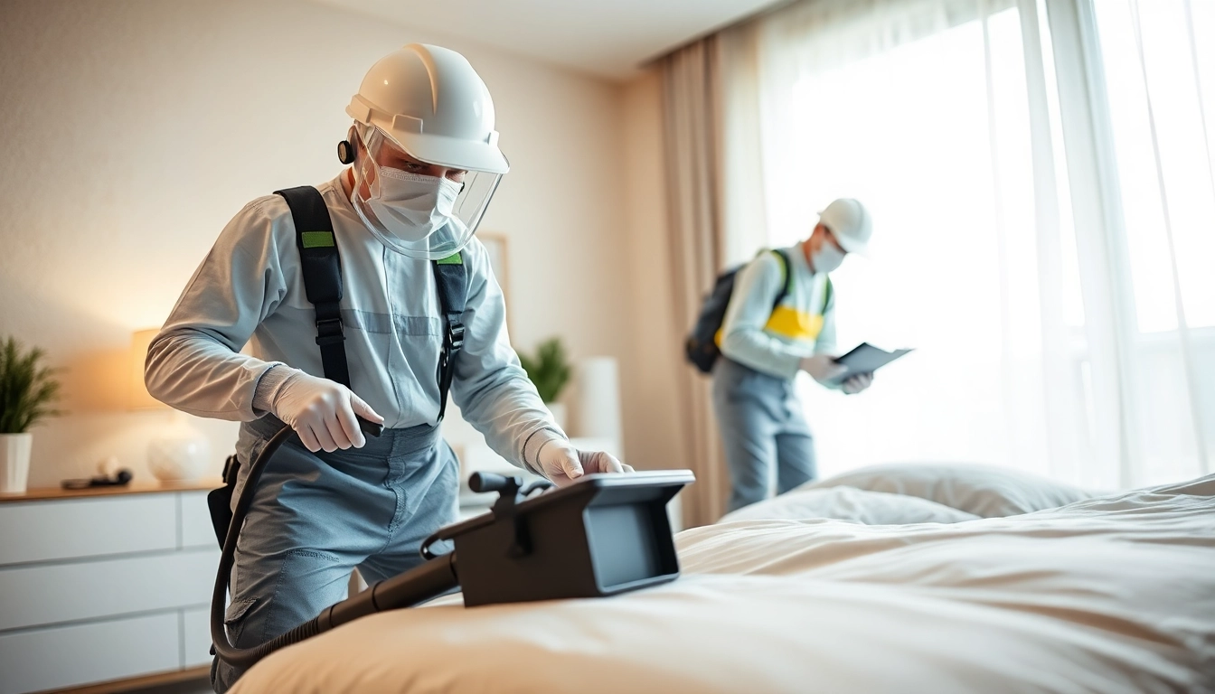 Efficient bed bug exterminators treating a home with specialized techniques and tools.