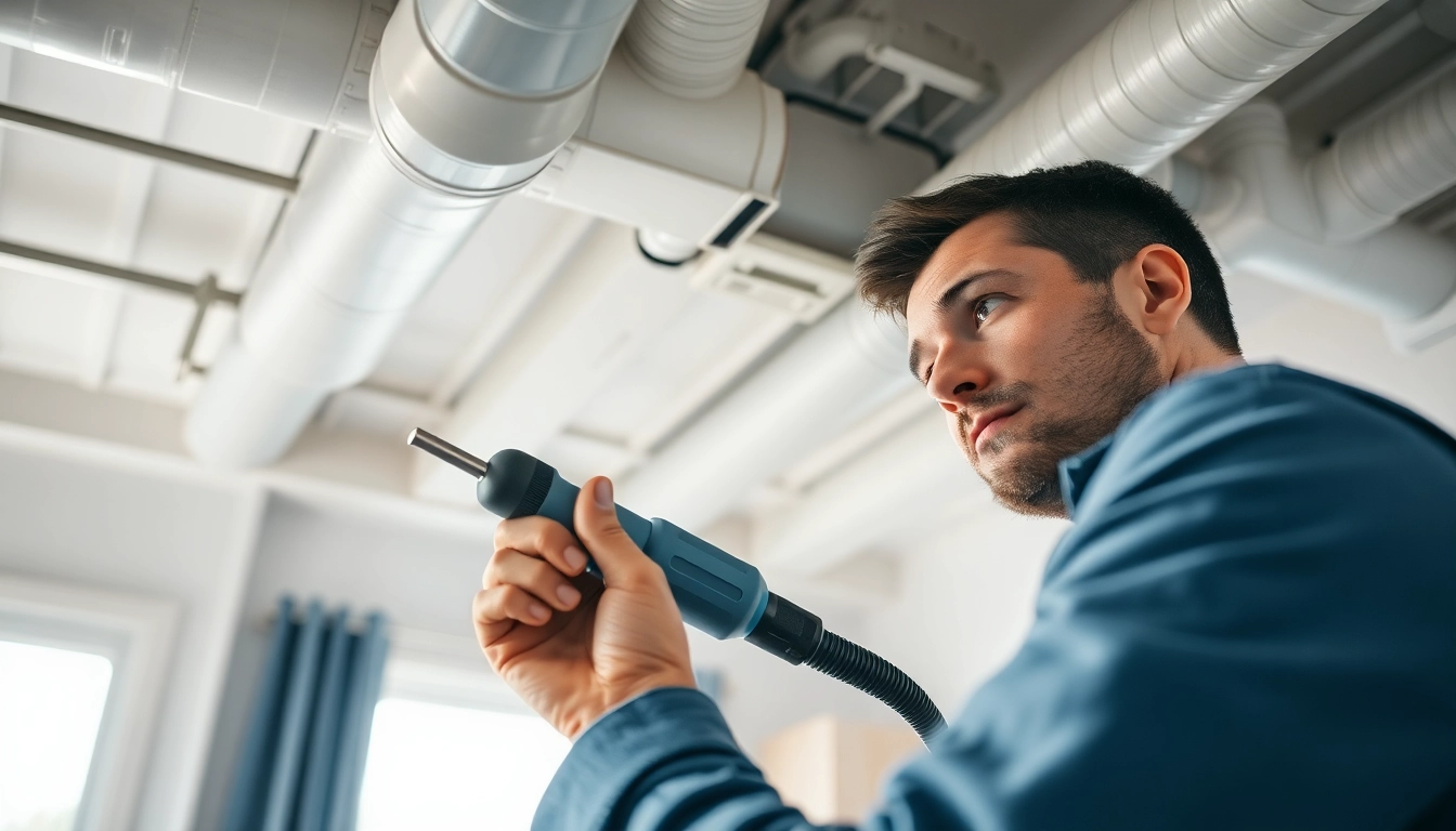 Inspecting HVAC duct leakage with a technician in a residential setting