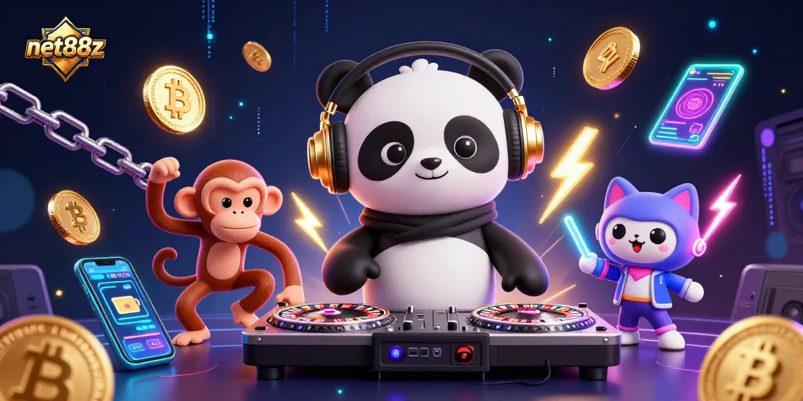 Experience immersive gambling action with net88z, featuring a DJ panda spinning wheels and lively characters.