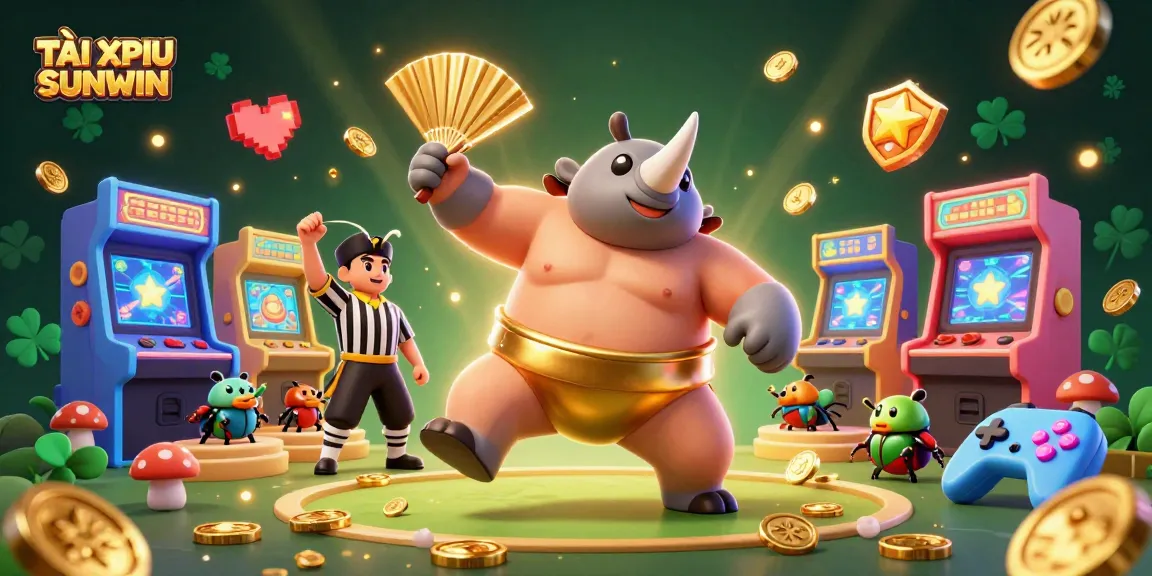 TÀI XỈU SUNWIN features a powerful sumo champion beetle amidst dynamic gaming elements and golden coins.