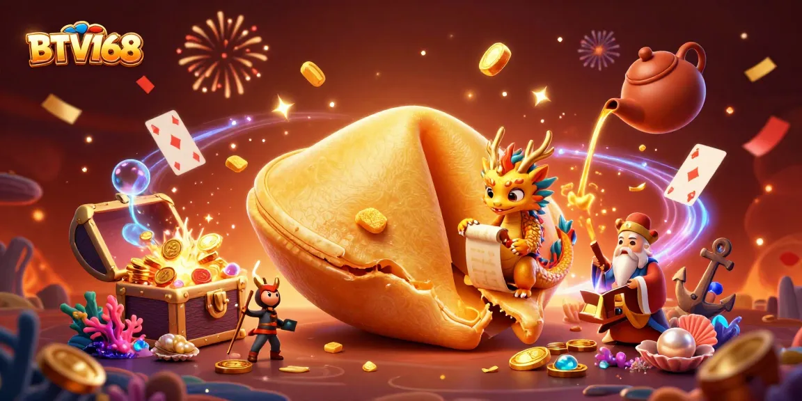 BTV168 celebrates casino gaming with a vibrant illustration featuring fortune cookies, gold, and dynamic treasures.