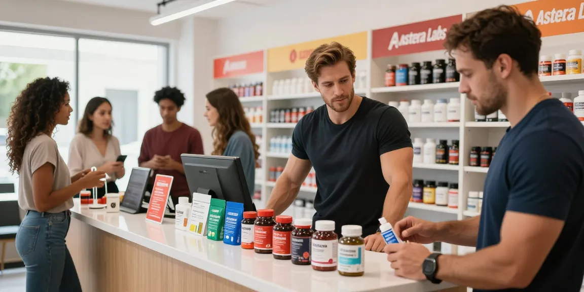 Astera Shop - fitness enthusiast browsing steroids with professional staff in a modern retail space.