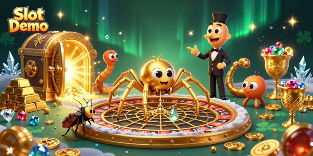 Spin the Slot Demo with a golden spider and a fly amidst jewels and riches.