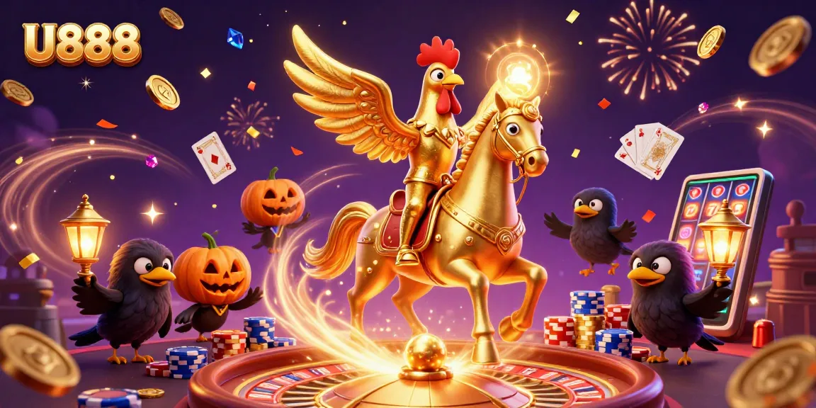 Experience thrilling gameplay at U888 with a vibrant casino scene, featuring dynamic characters and sparkling treasures.