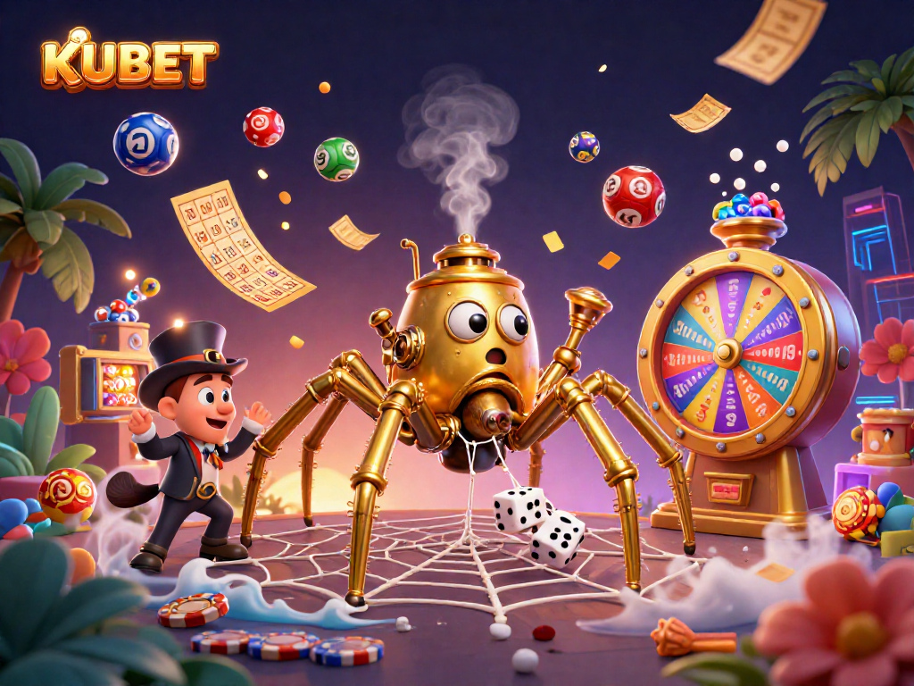 KUBET's thrilling 3D illustration with a steampunk spider, capturing luck in a vibrant casino web.