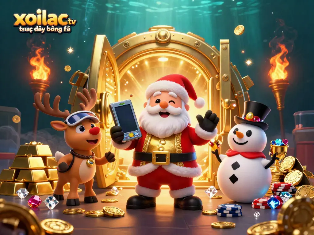 Xoilac TV trực tiếp bóng đá: Santa, a dealer reindeer, and a poker chip snowman celebrate in a vibrant casino.