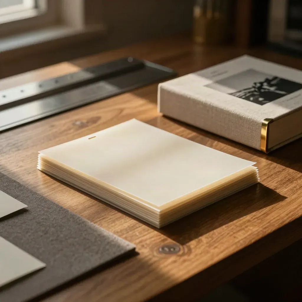 Archival sleeves, contact sheets, and an image-index box on a warm oak table in late sunlight.