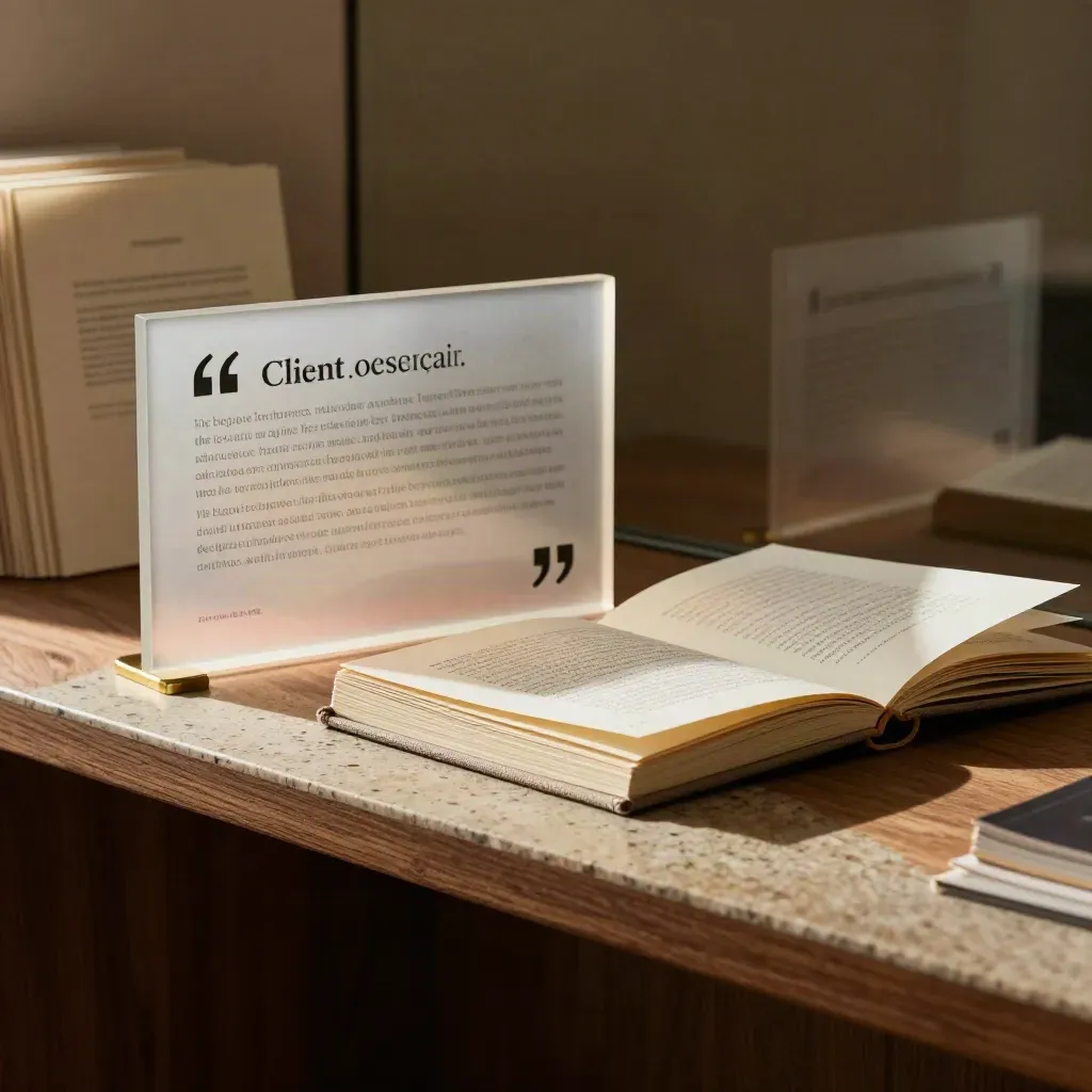 Frosted acrylic testimonial display with brass clip and open proof booklet on a walnut ledge.