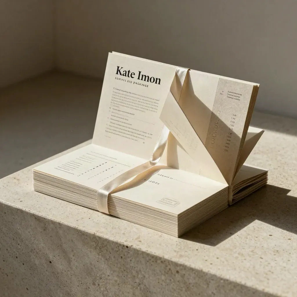 Fan of premium service-package cards and a ribbon-tied proposal folio on travertine, mid-motion.