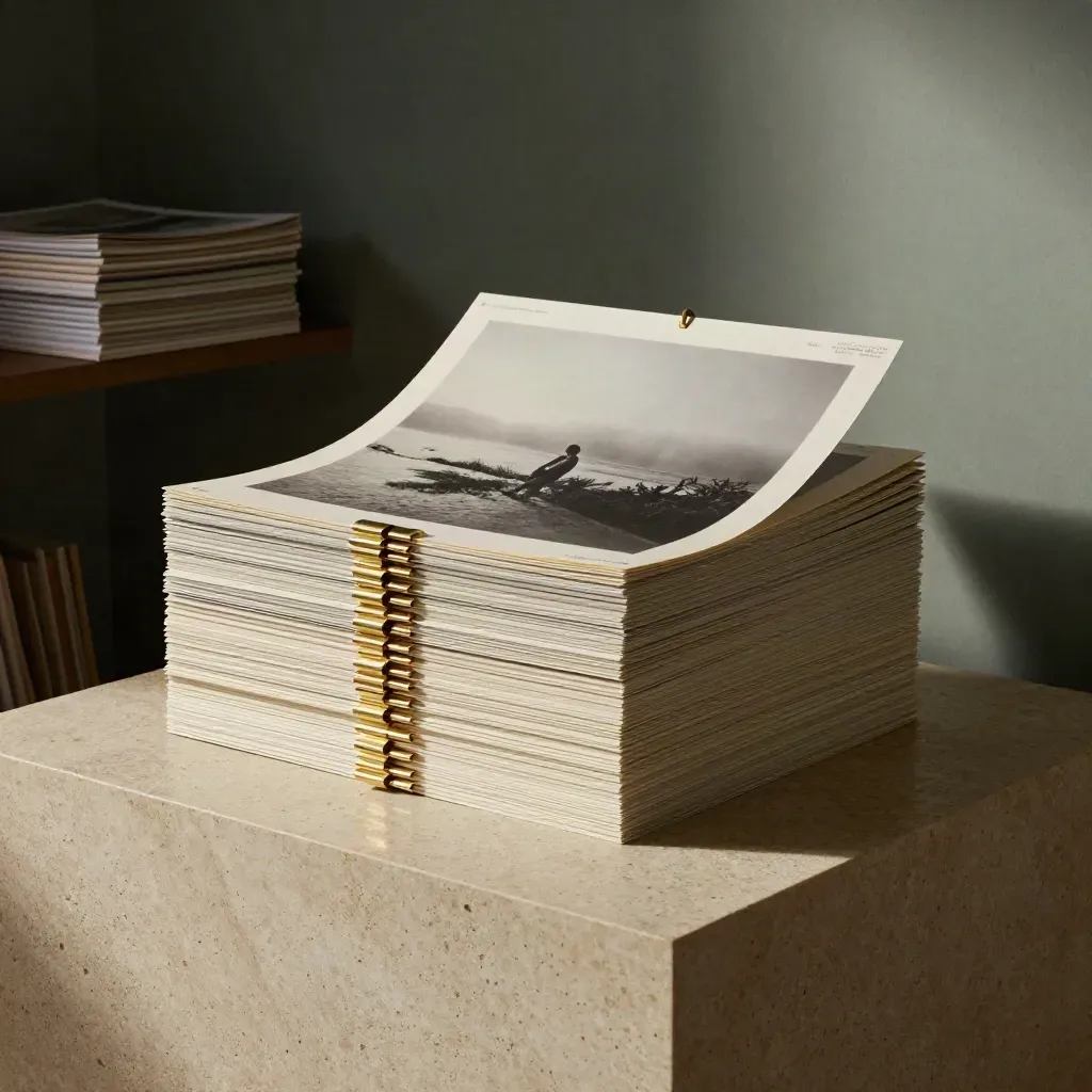 Ivory folios, brass clips and presentation boards in a moody foggy studio still life.