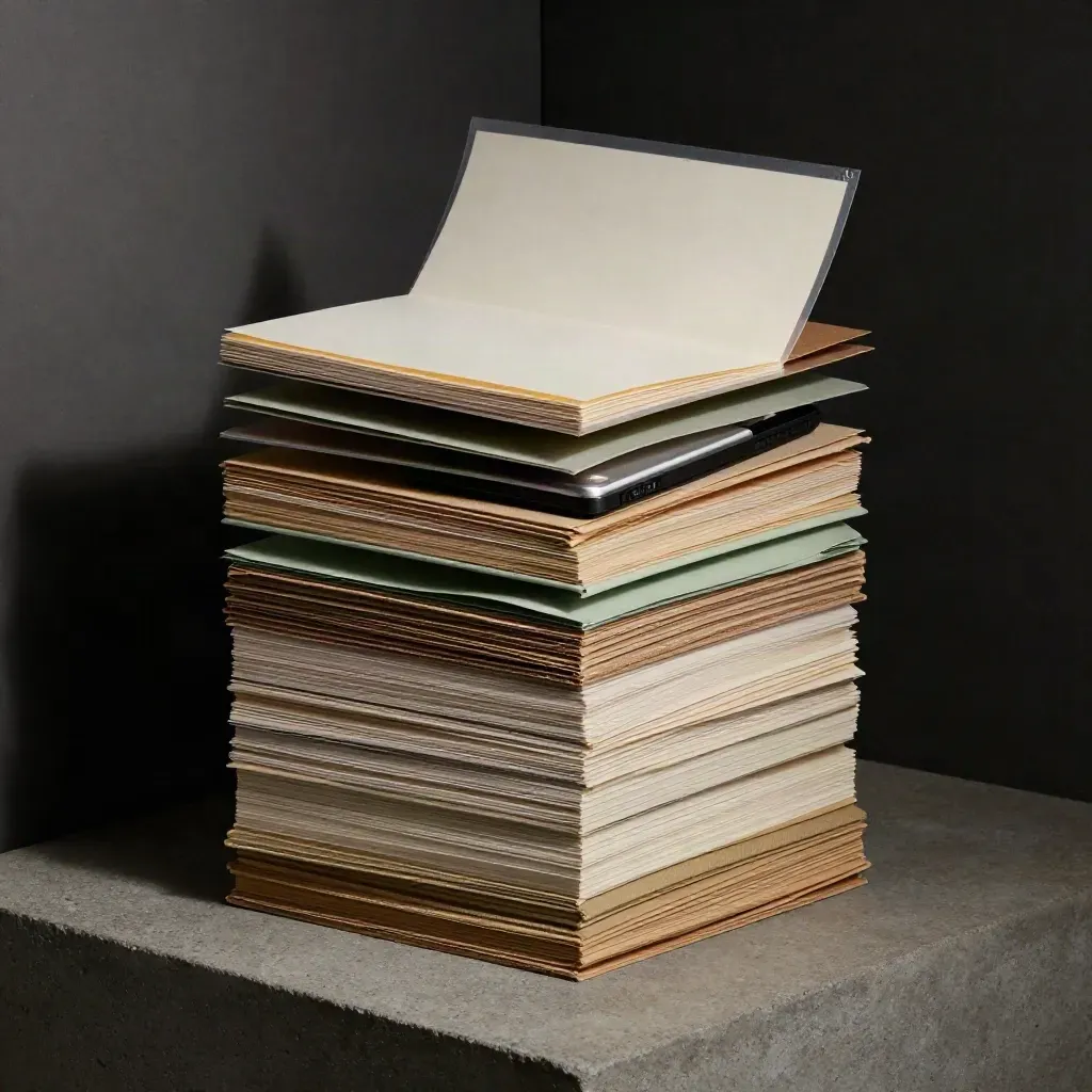 Press-kit dossier stack with portrait prints, case notes, and a download-drive case in moody light.