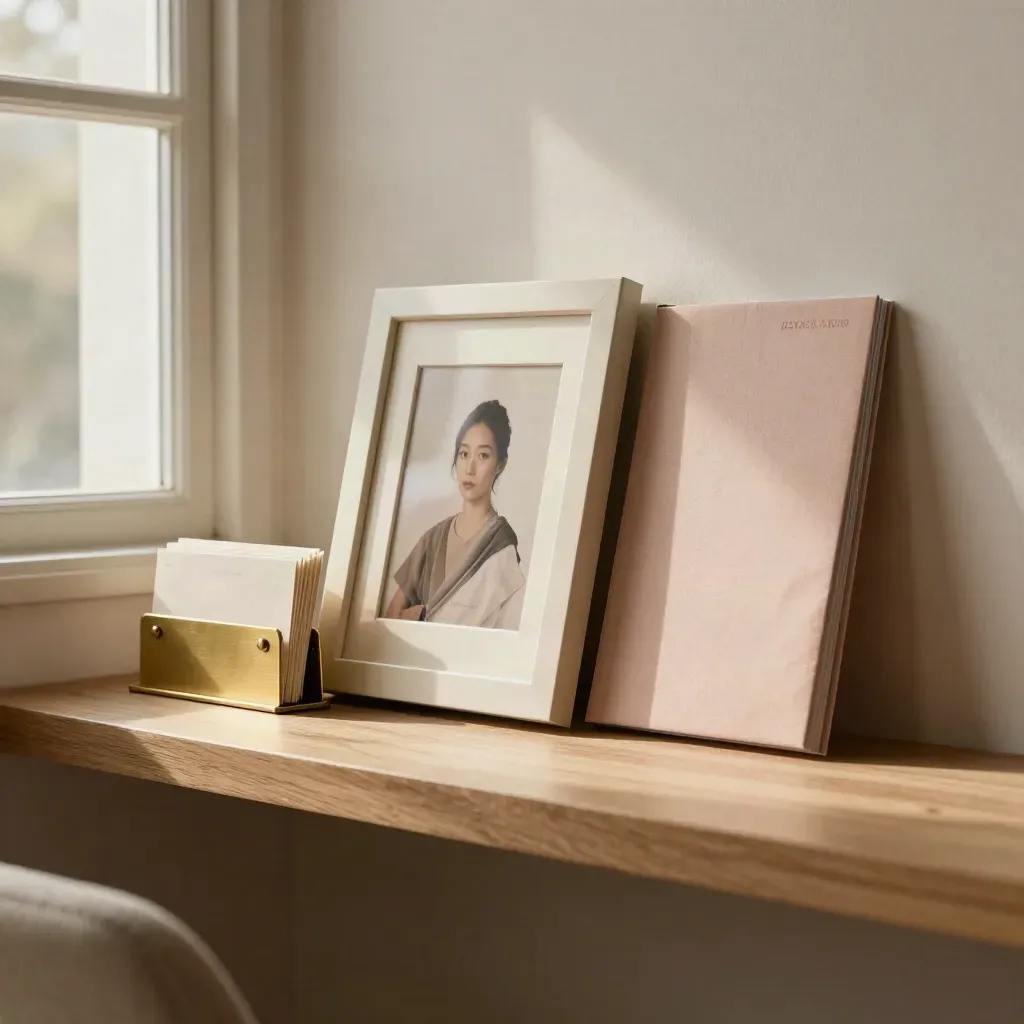 Portrait frame, booking card holder, and press folio on a polished oak shelf in warm window light.