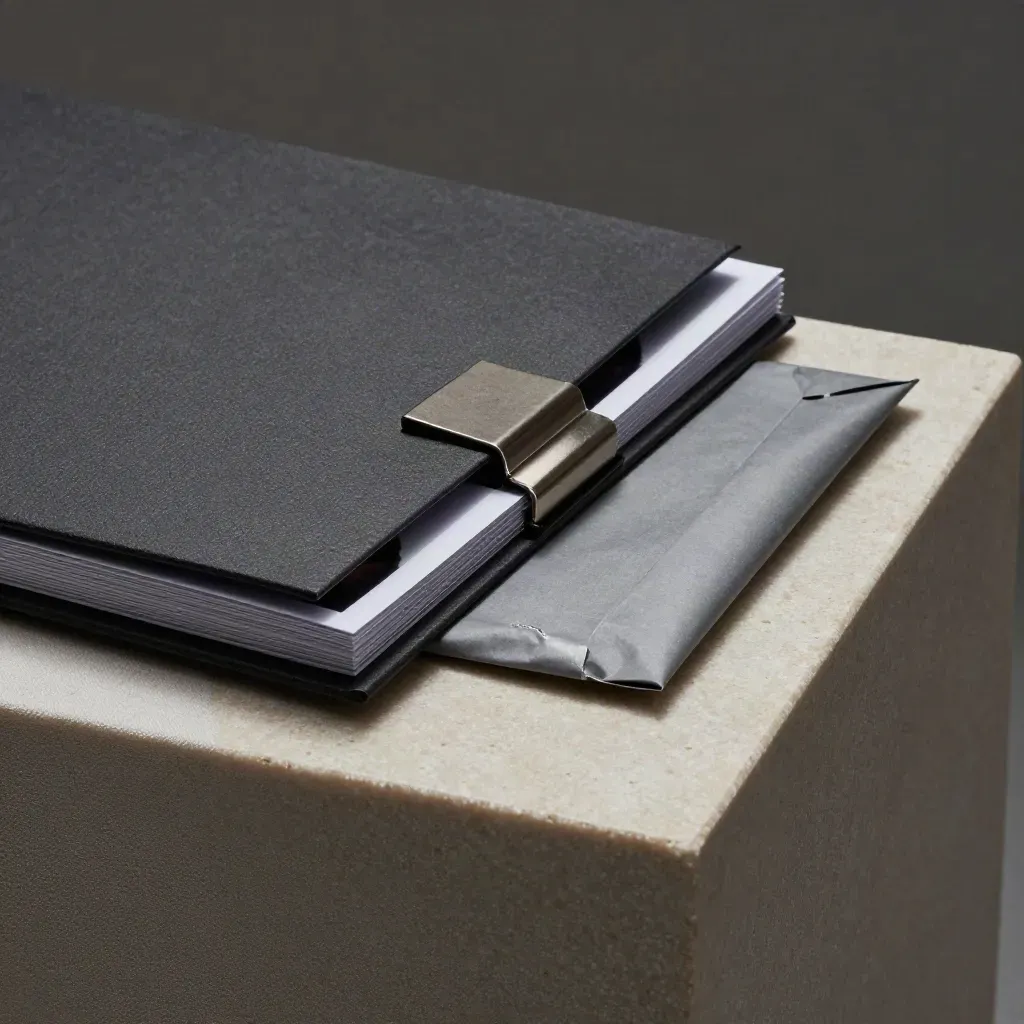 Macro of a charcoal media kit with portrait prints, folder and sealed mailer on stone.