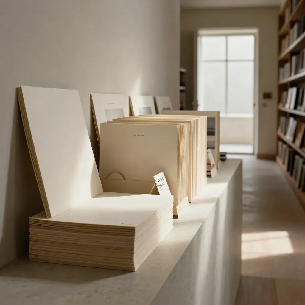Archival sleeves, gallery prints and turned-away cards in a quiet portfolio archive, lit by a bright doorway.