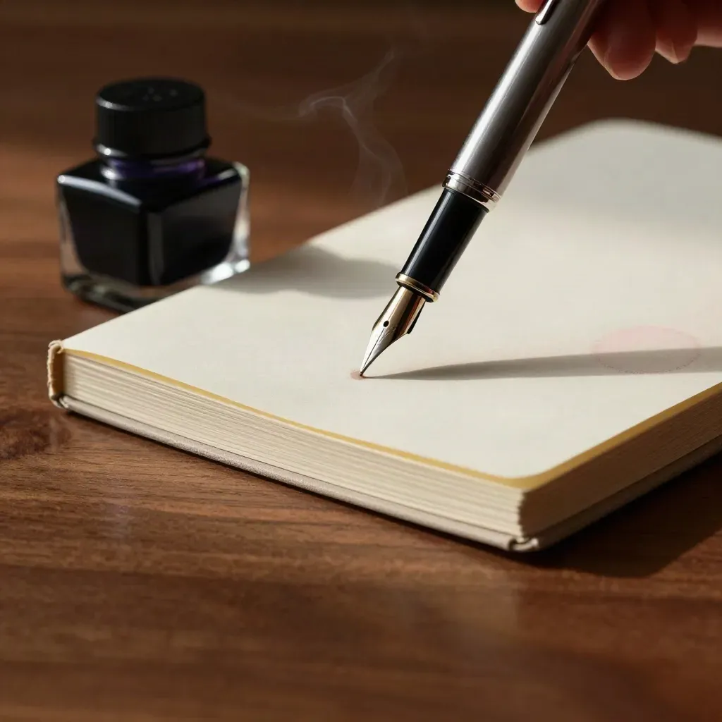Close-up of pen nib, ink bottle, and cream notebook stack on walnut wood.