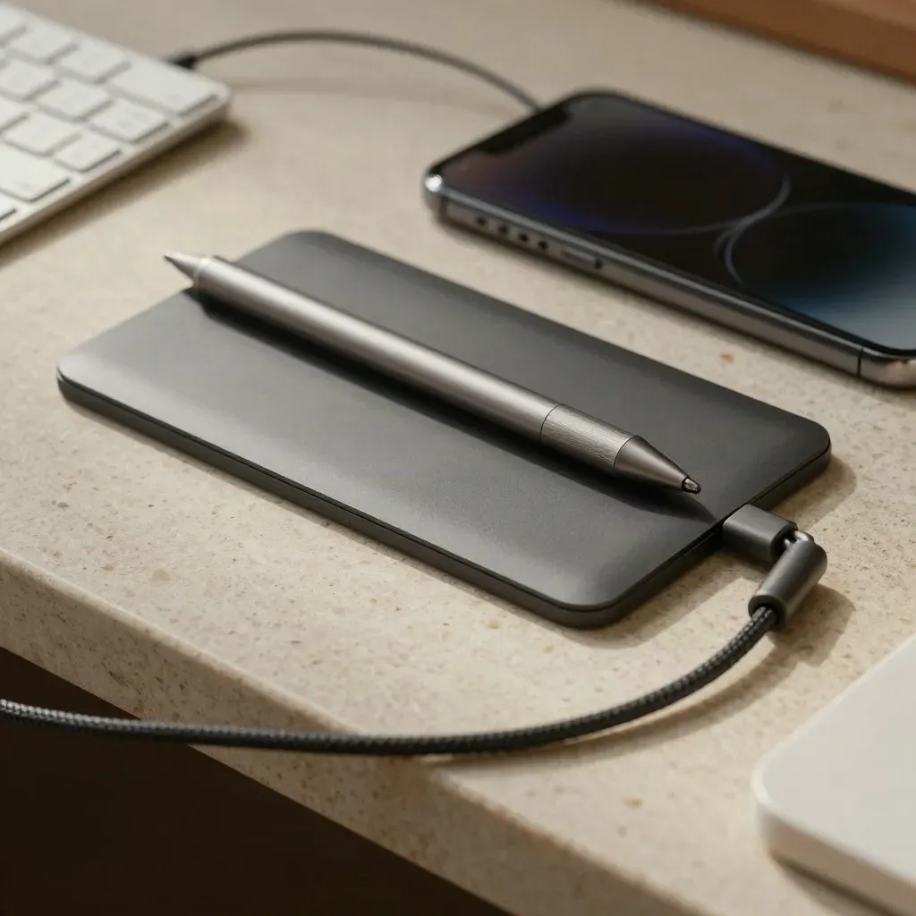Macro still life of a web designer's trackpad, stylus, phone and cable on travertine.