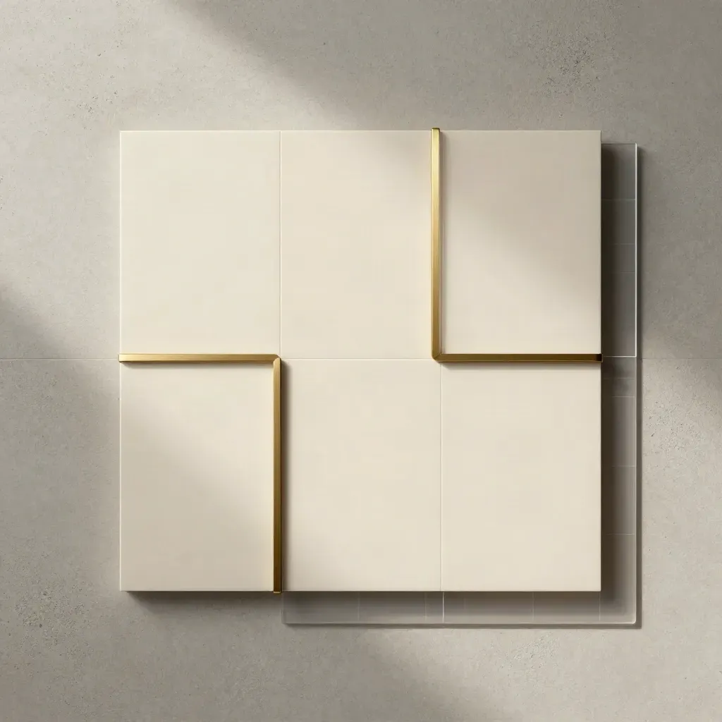 Overhead flatlay of ivory page tiles, brass dividers, acetate overlays, and a graphite cap on concrete.