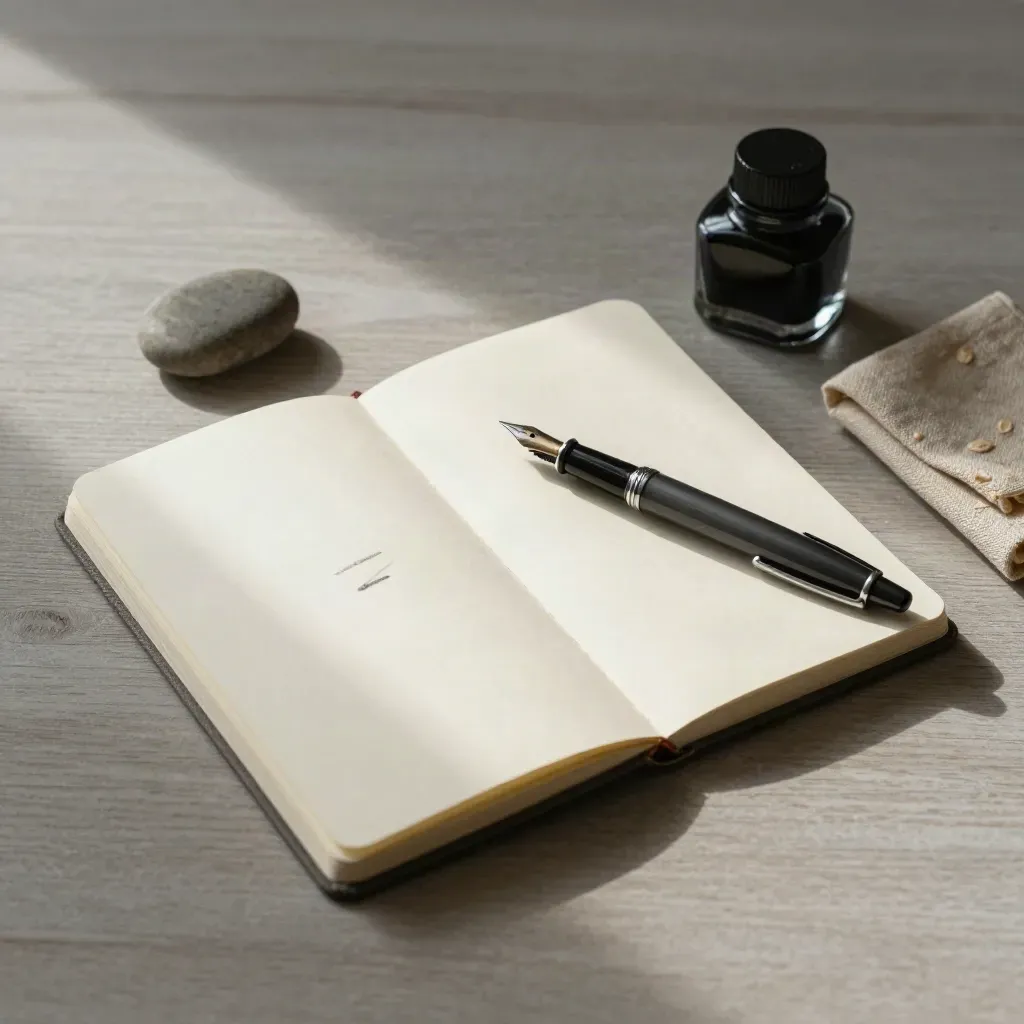 Open notebook, charcoal fountain pen, ink bottle and stone paperweight on pale wood in soft side light.