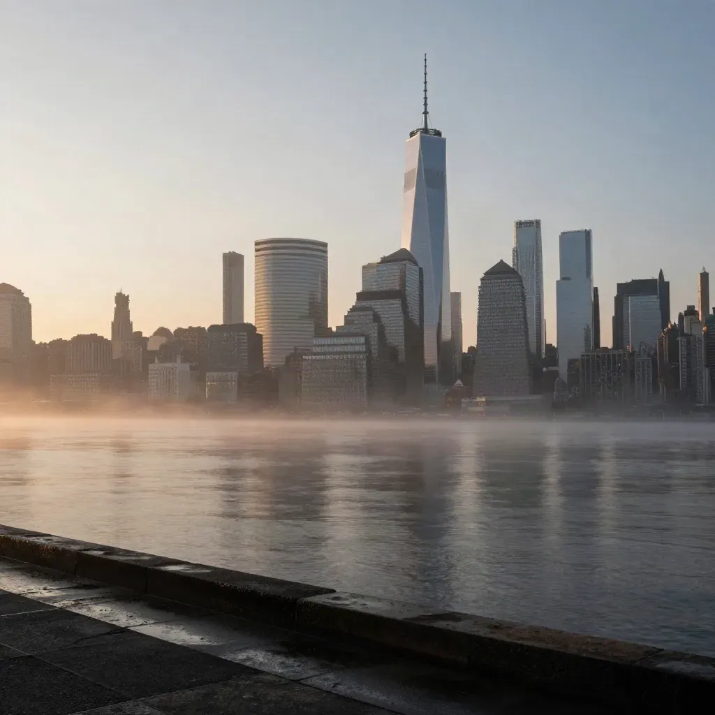 Foggy Lower Manhattan and Jersey City skyline at sunrise from the Hudson waterfront.