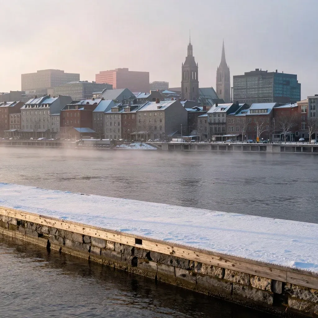 Montreal Old Port skyline above a misty winter river at sunrise, with a calm stone quay in front.