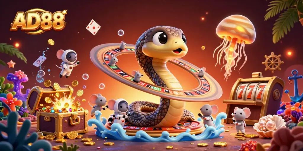 Experience AD88 casino excitement with a 3D Saturn ring snake roulette scene featuring astronauts and gold treasures.