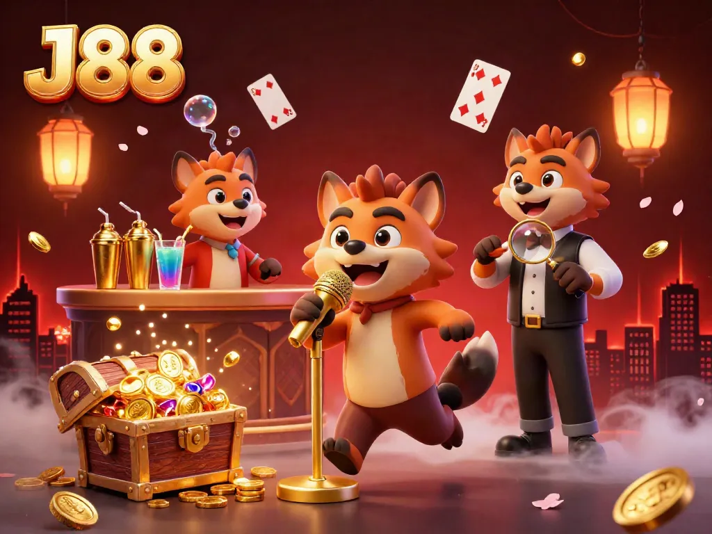 Experience the vibrant J88 comedy casino with hyenas performing, mixing drinks, and checking IDs.