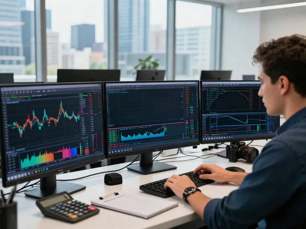 Trader using MetaTrader 5 on multiple screens in a modern workspace.