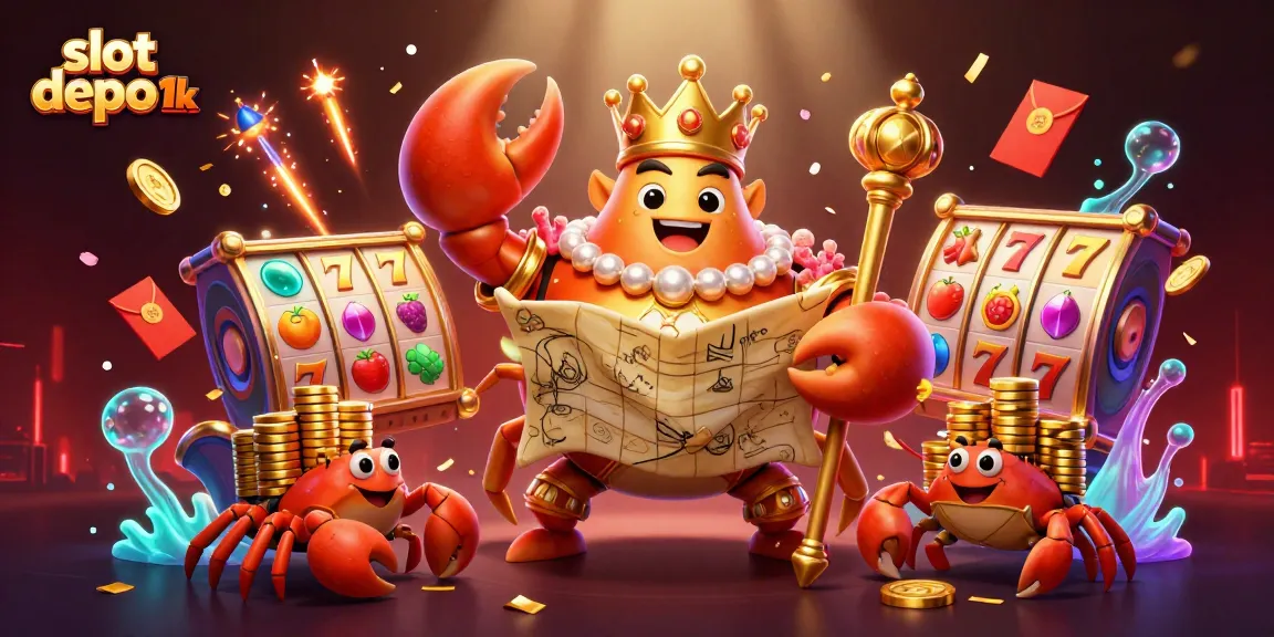 Experience the excitement of slot depo 1k with a golden crab emperor amidst vibrant casino elements.